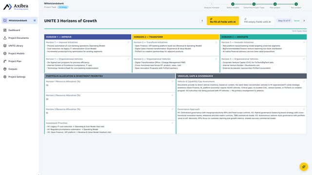 Product screen: the 3 Horizons of Growth, pre-filled from the same run.
